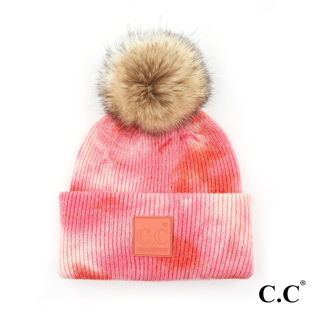 CC Tie Dye Beanie With C.C Rubber Patch and Faux Fur Pom